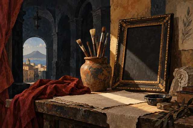 Editorial illustration of brushes, an empty gilded frame and red cloth on a dramatically lit imagined Neapolitan worktable.