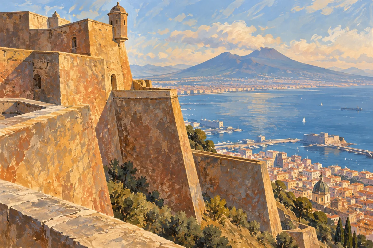 Painterly editorial study of angular ochre fortress walls above the Bay of Naples with Vesuvius on the horizon.