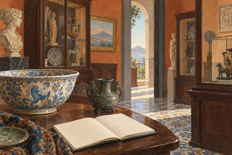 Conceptual editorial illustration of ceramics, a bronze vessel and an open sketchbook in an imagined Naples collector’s gallery.