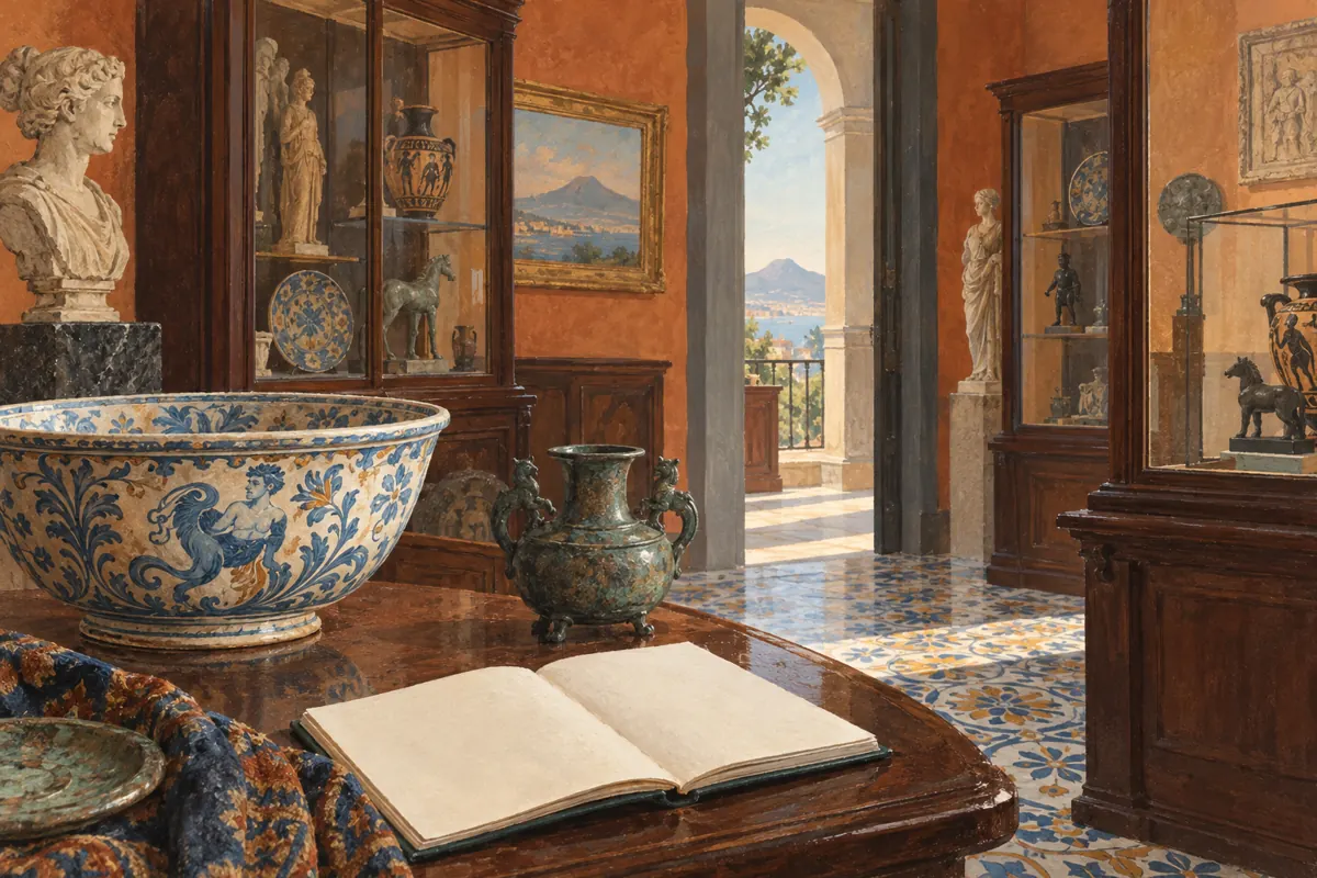 Conceptual editorial illustration of ceramics, a bronze vessel and an open sketchbook in an imagined Naples collector’s gallery.