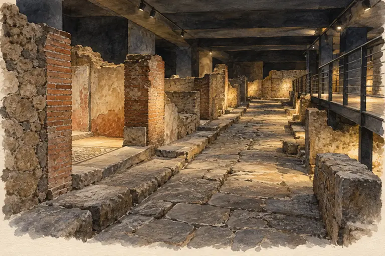 Interpretive watercolor of a covered archaeological walkway, fragmentary masonry and surviving thresholds beneath an imagined city interior.