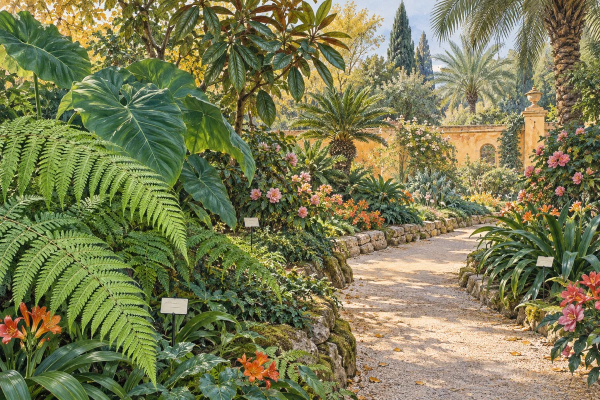 Editorial botanical illustration of ferns, palms and broad leaves beside a path in an imagined walled garden.