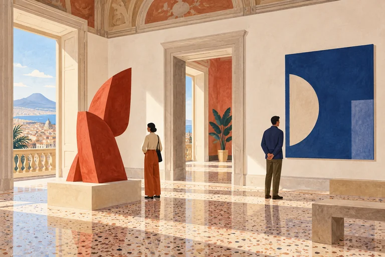 Editorial illustration of two visitors considering abstract artworks in an imagined Neapolitan palazzo gallery.