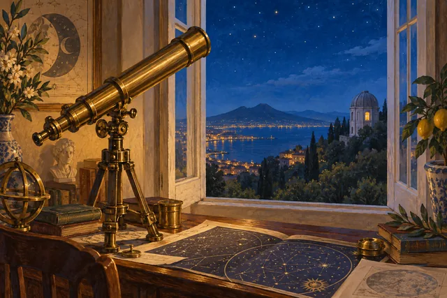 Editorial illustration of an imagined brass telescope and celestial chart beside a window overlooking a domed observatory on a leafy hillside.