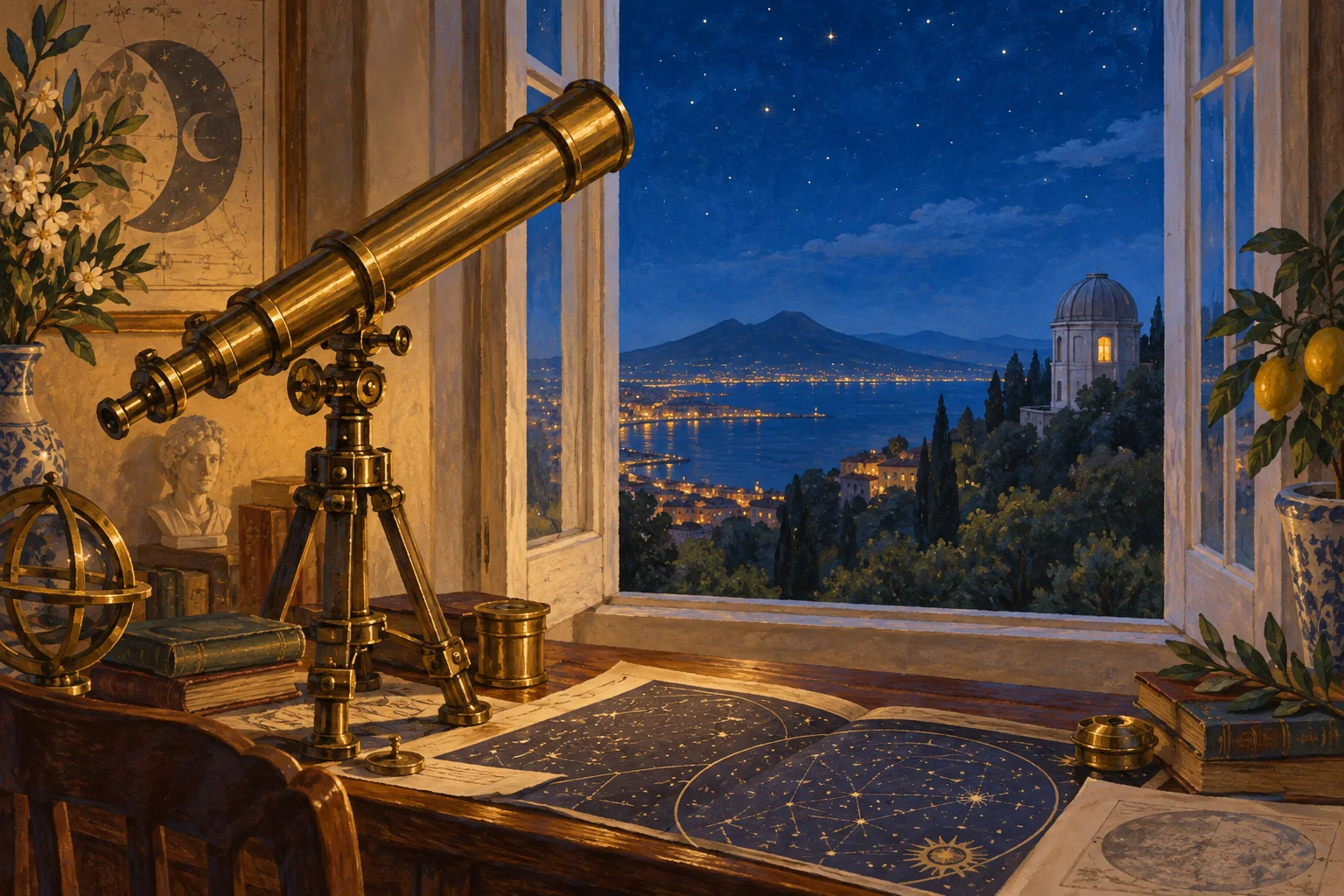Editorial illustration of an imagined brass telescope and celestial chart beside a window overlooking a domed observatory on a leafy hillside.