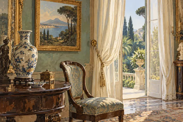 Editorial illustration of an imagined historic room with a porcelain vase, curved wooden chair and framed painting beside a garden window.