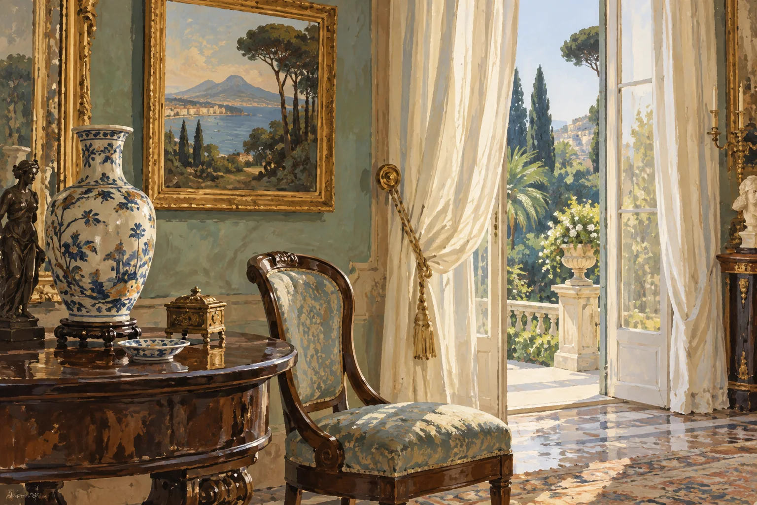 Editorial illustration of an imagined historic room with a porcelain vase, curved wooden chair and framed painting beside a garden window.