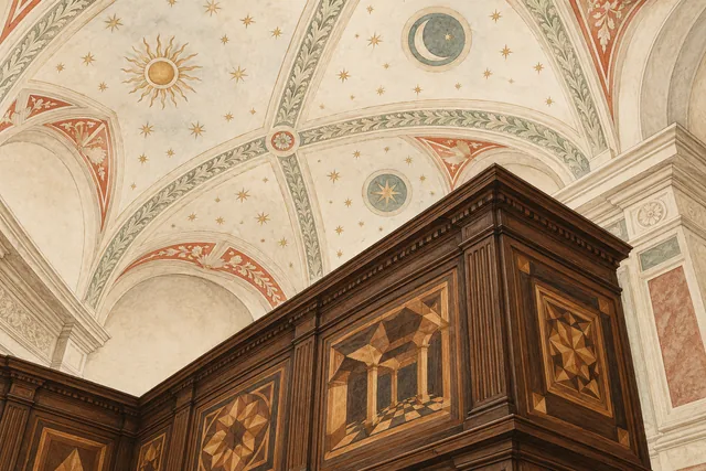 Editorial illustration of an imagined vaulted room with pale celestial decoration above a dark wooden cabinet containing geometric inlay.