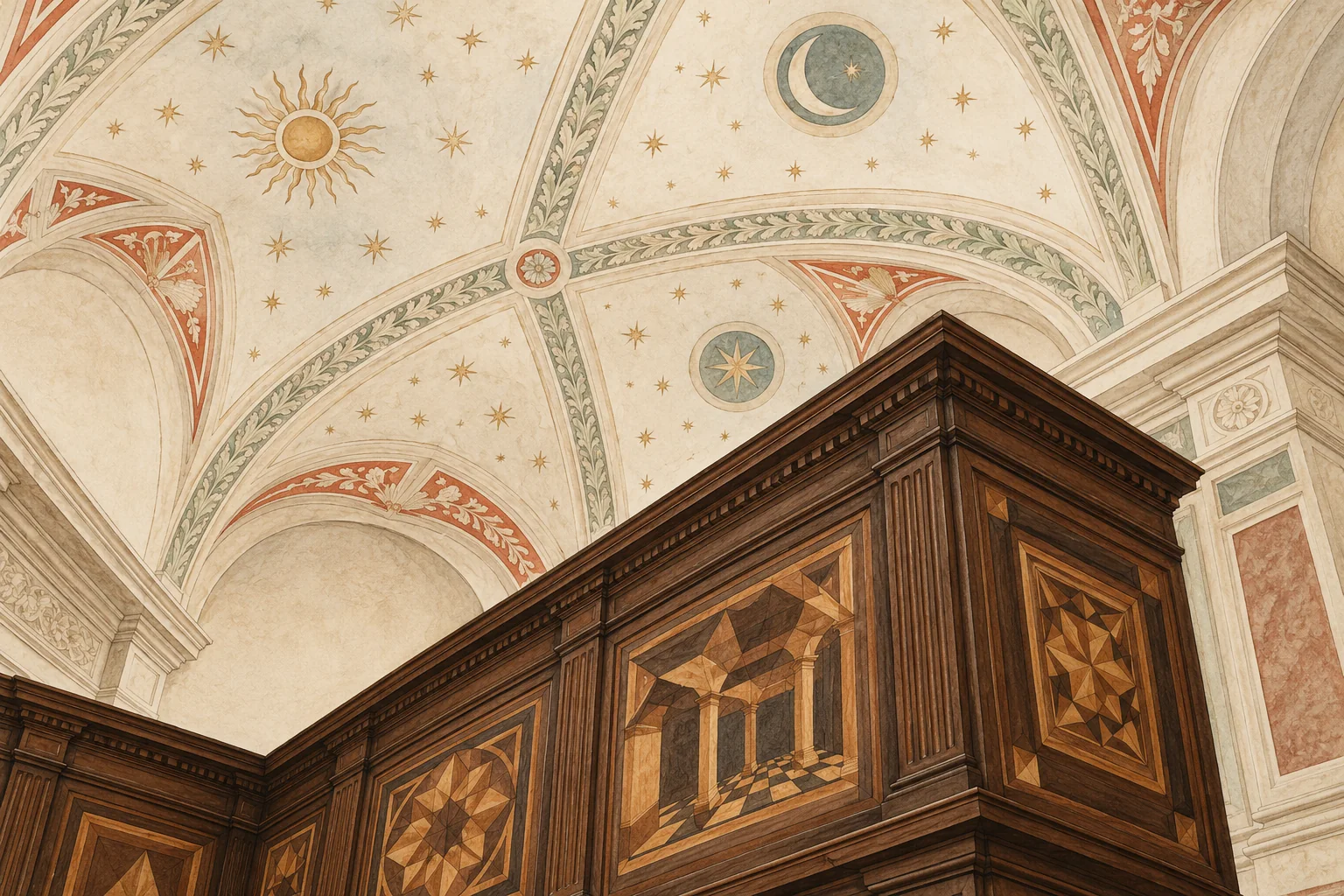 Editorial illustration of an imagined vaulted room with pale celestial decoration above a dark wooden cabinet containing geometric inlay.