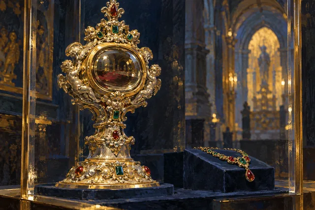 Editorial illustration of an imagined gilded devotional object and necklace behind museum glass, with a softly suggested church arch beyond.
