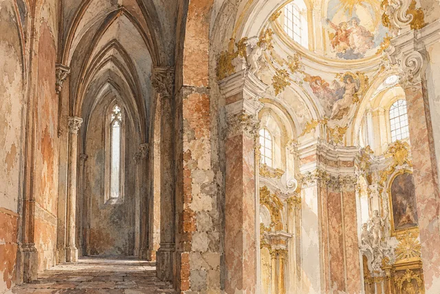 Editorial watercolor illustration contrasting an imagined narrow Gothic arch with a luminous Baroque vault in warm Naples-inspired colors.