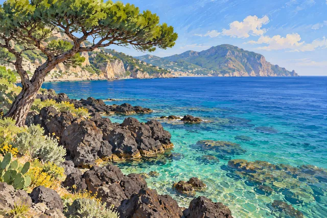 Editorial gouache illustration of dark coastal rocks, turquoise shallows and a pine beside an imagined protected Naples shoreline.