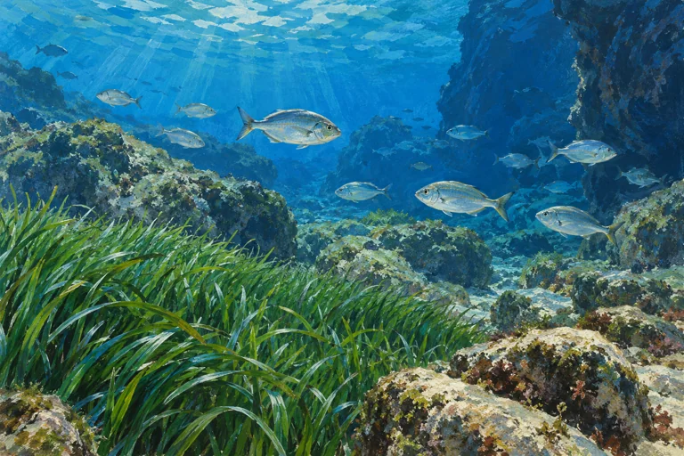 Editorial gouache illustration of silver fish among seagrass and rocky Mediterranean shallows; an imagined scene, not a photograph of an Aquarium display.