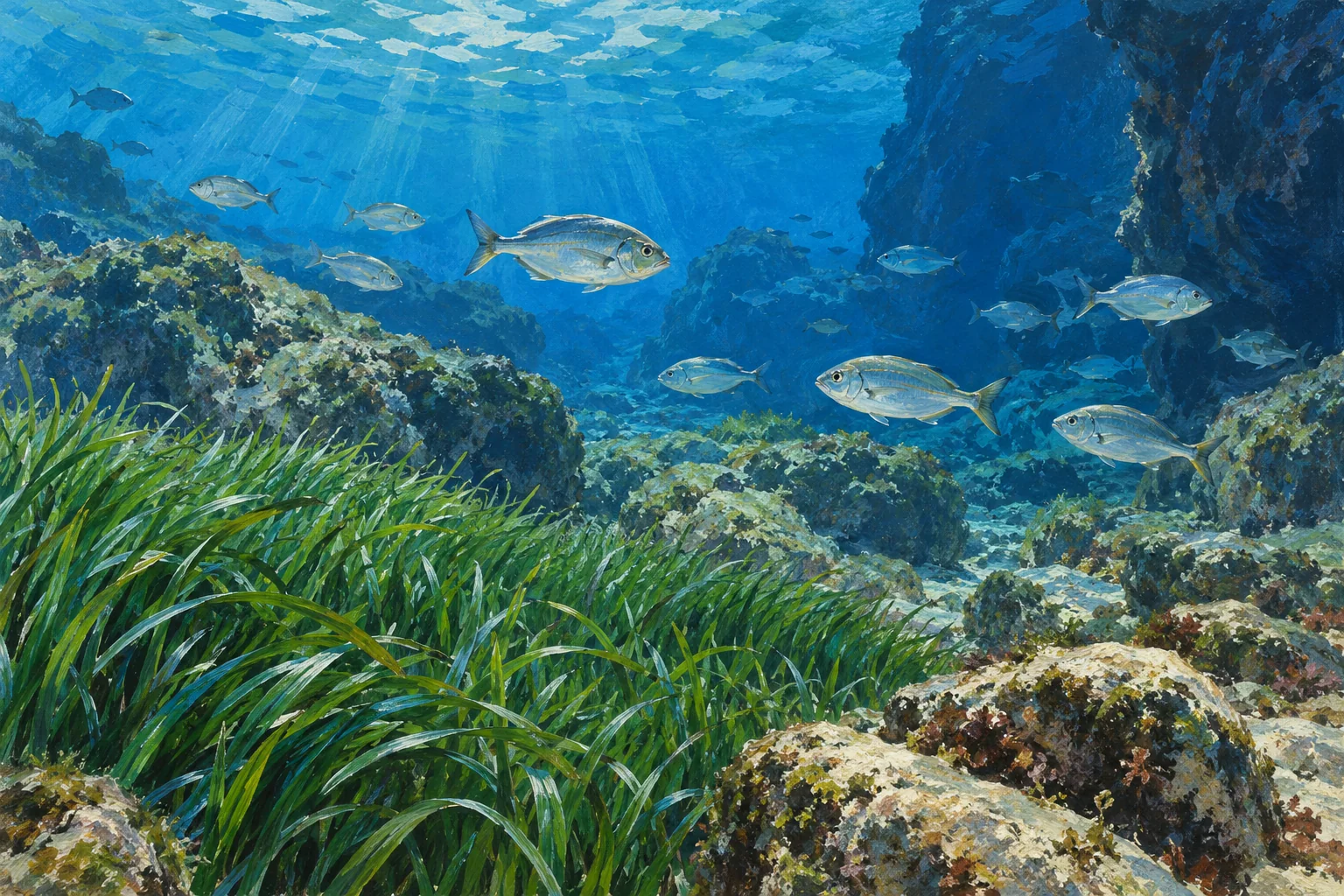 Editorial gouache illustration of silver fish among seagrass and rocky Mediterranean shallows; an imagined scene, not a photograph of an Aquarium display.