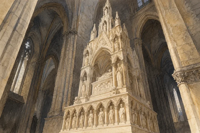 Editorial watercolor and graphite illustration of an imagined tall pale funerary monument in a shadowed Gothic church; not a reconstruction of the Ladislao tomb.