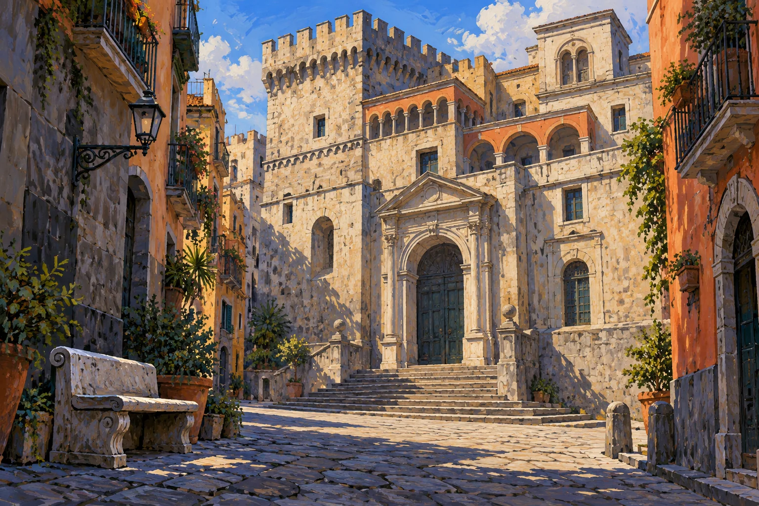Editorial gouache of an imagined Neapolitan castle and civic doorway, not a factual reconstruction of Castel Capuano.