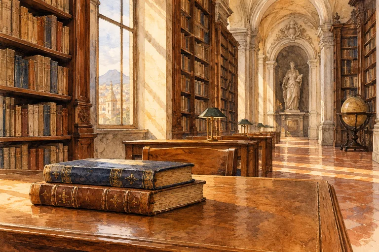 Editorial watercolor of an imagined historic library with closed books and sunlit shelves, not a reconstruction of the Girolamini.