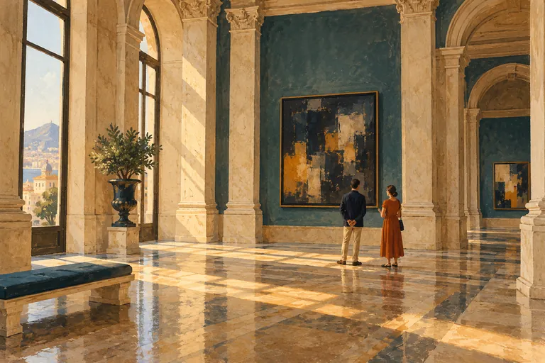 Editorial gouache of an imagined bank hall converted into an art gallery, not an actual Gallerie d’Italia interior.