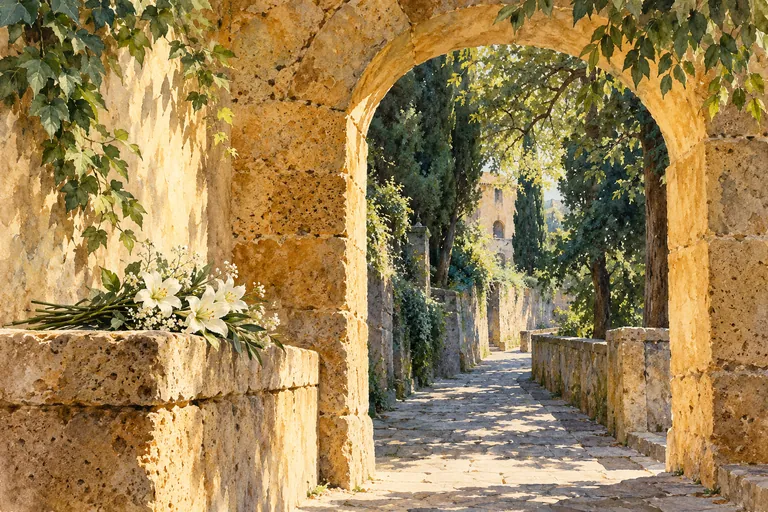 Editorial watercolor of flowers beside an imagined tuff arch and quiet path, not a reconstruction of Fontanelle Cemetery.