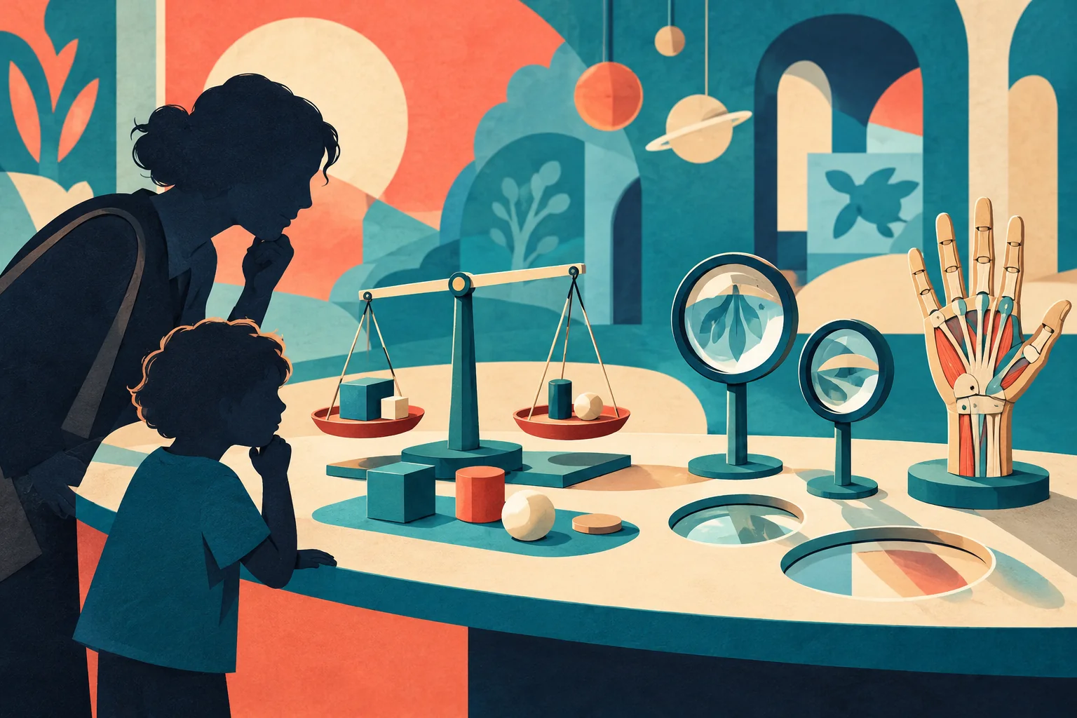 Editorial paper-cut illustration of a family considering an imagined science table, not a photograph or reconstruction of Città della Scienza.