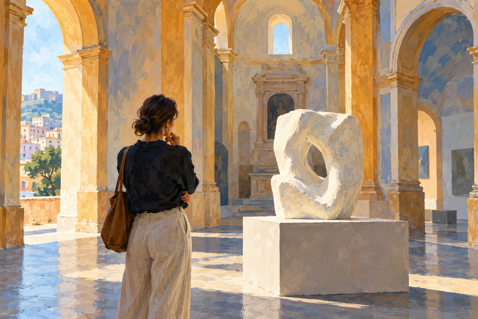 Editorial gouache of a visitor studying an imagined stone sculpture in a church gallery, not an actual Jago artwork or museum interior.