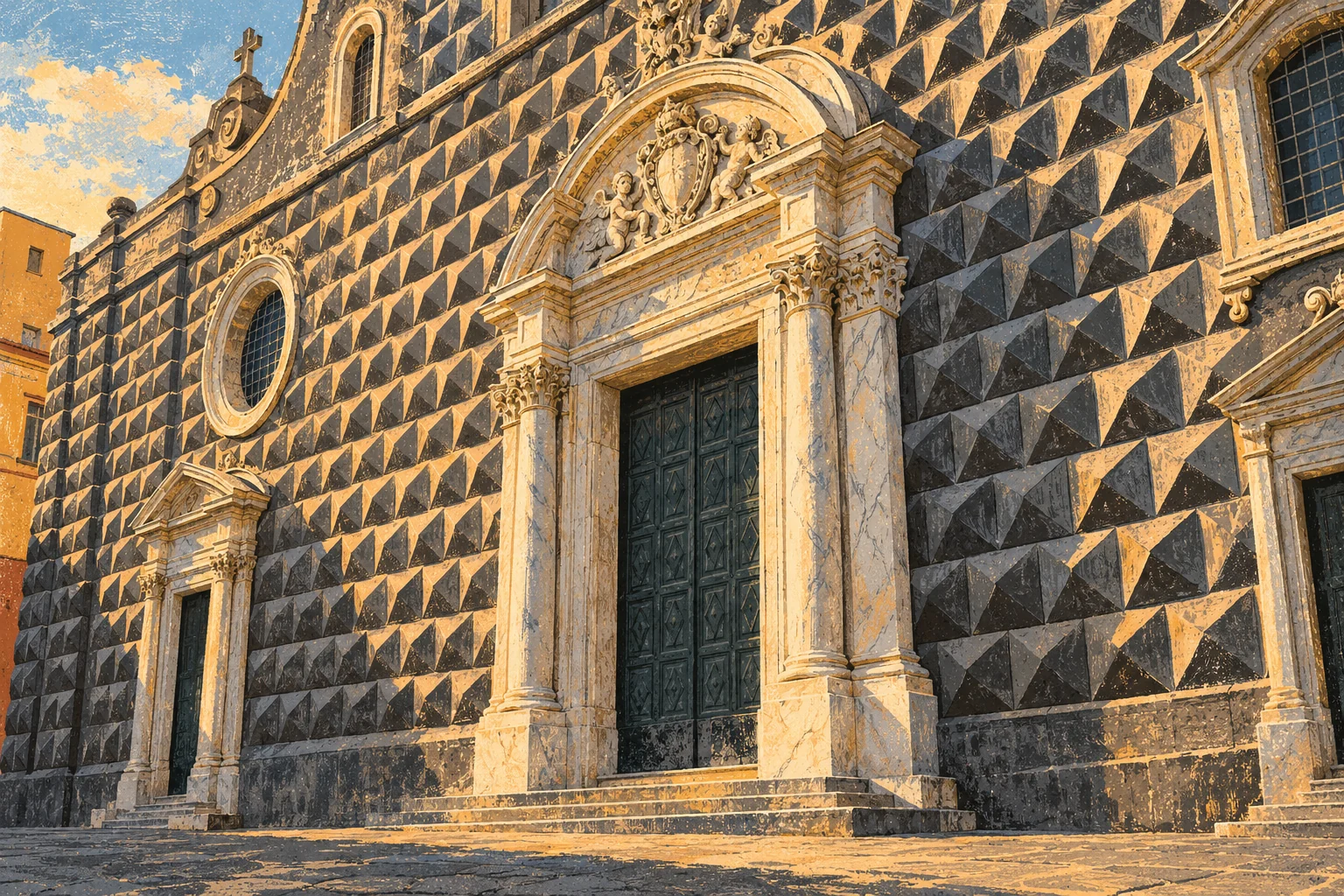 Editorial linocut and gouache of an imagined Naples-inspired diamond-point stone facade and marble doorway; not an exact monument reconstruction.