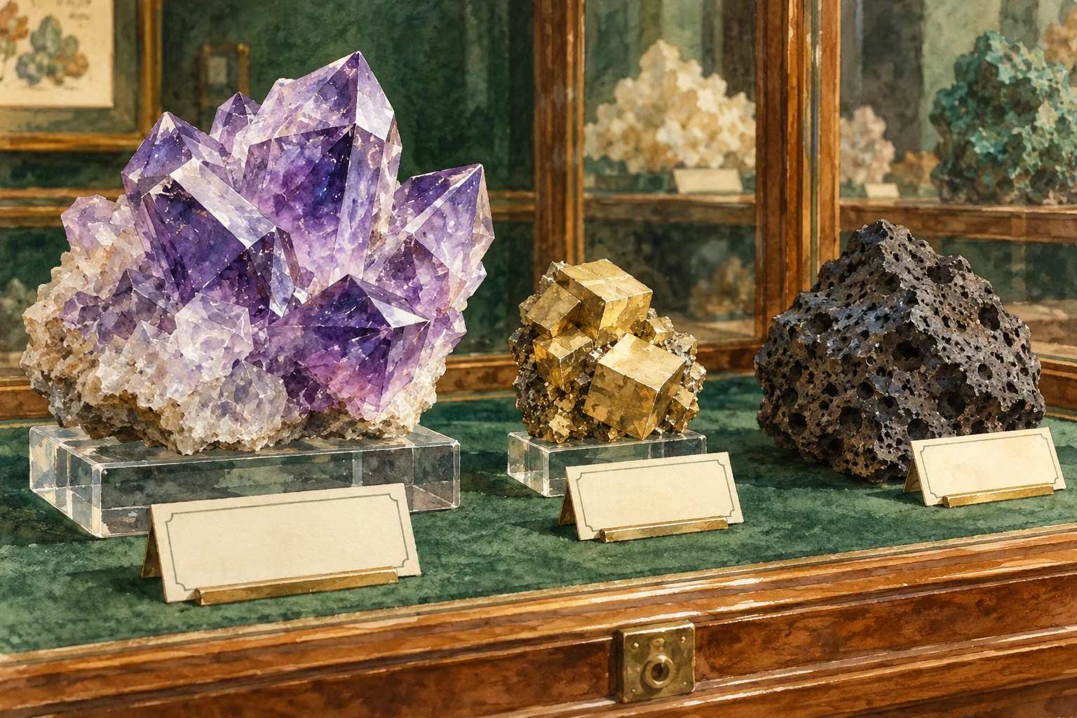 Editorial watercolor of imagined violet crystals, a golden cubic mineral and volcanic rock in a wooden display case; not a photograph of museum specimens.