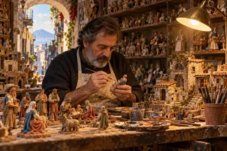 Illustration of an artisan painting a small nativity figurine in a Naples workshop