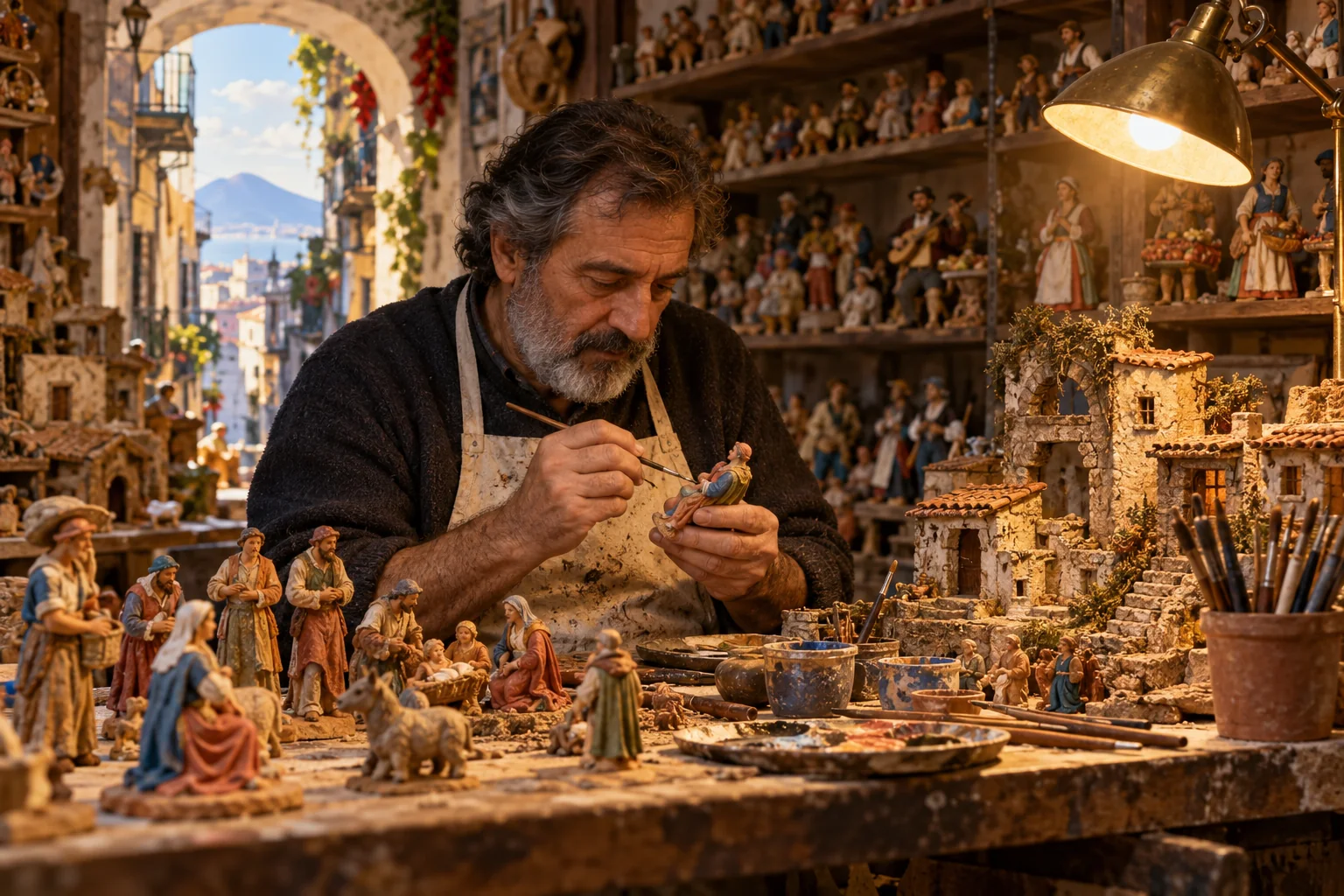 Illustration of an artisan painting a small nativity figurine in a Naples workshop