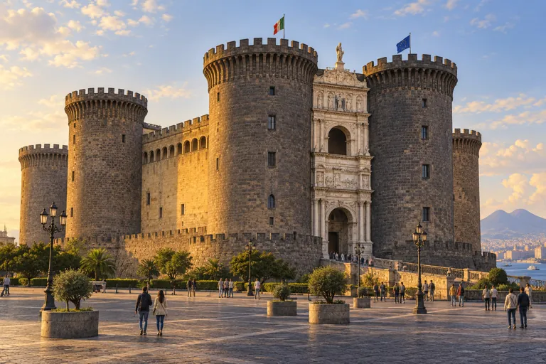Illustration of Castel Nuovo’s round towers and pale ornamental entrance