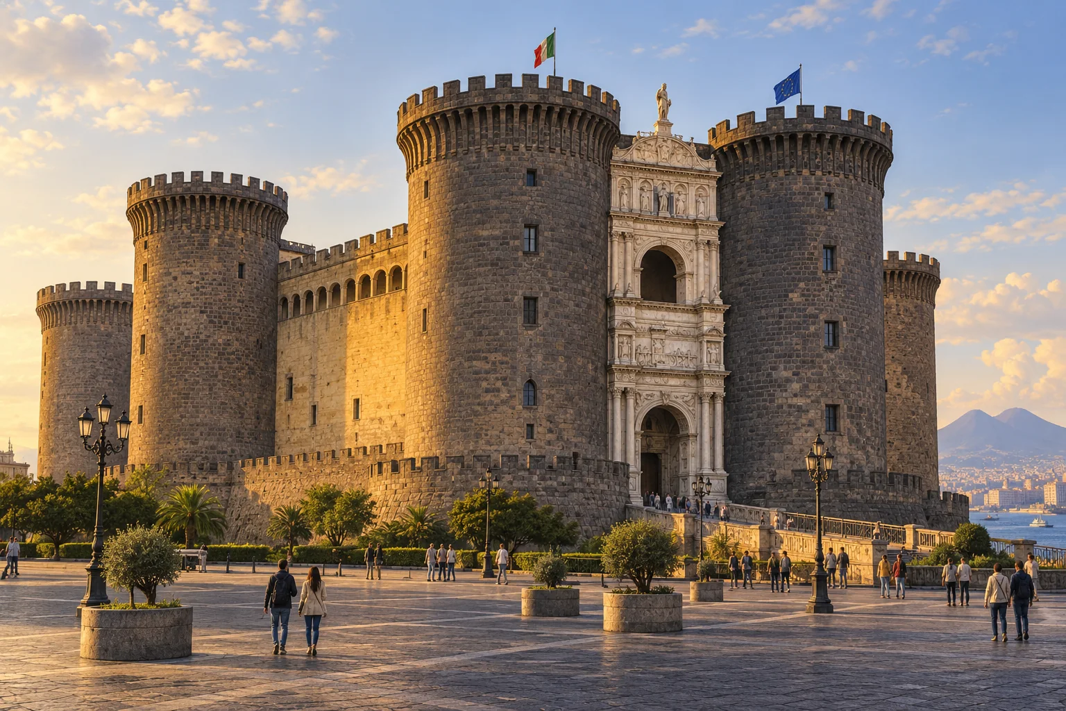 Illustration of Castel Nuovo’s round towers and pale ornamental entrance
