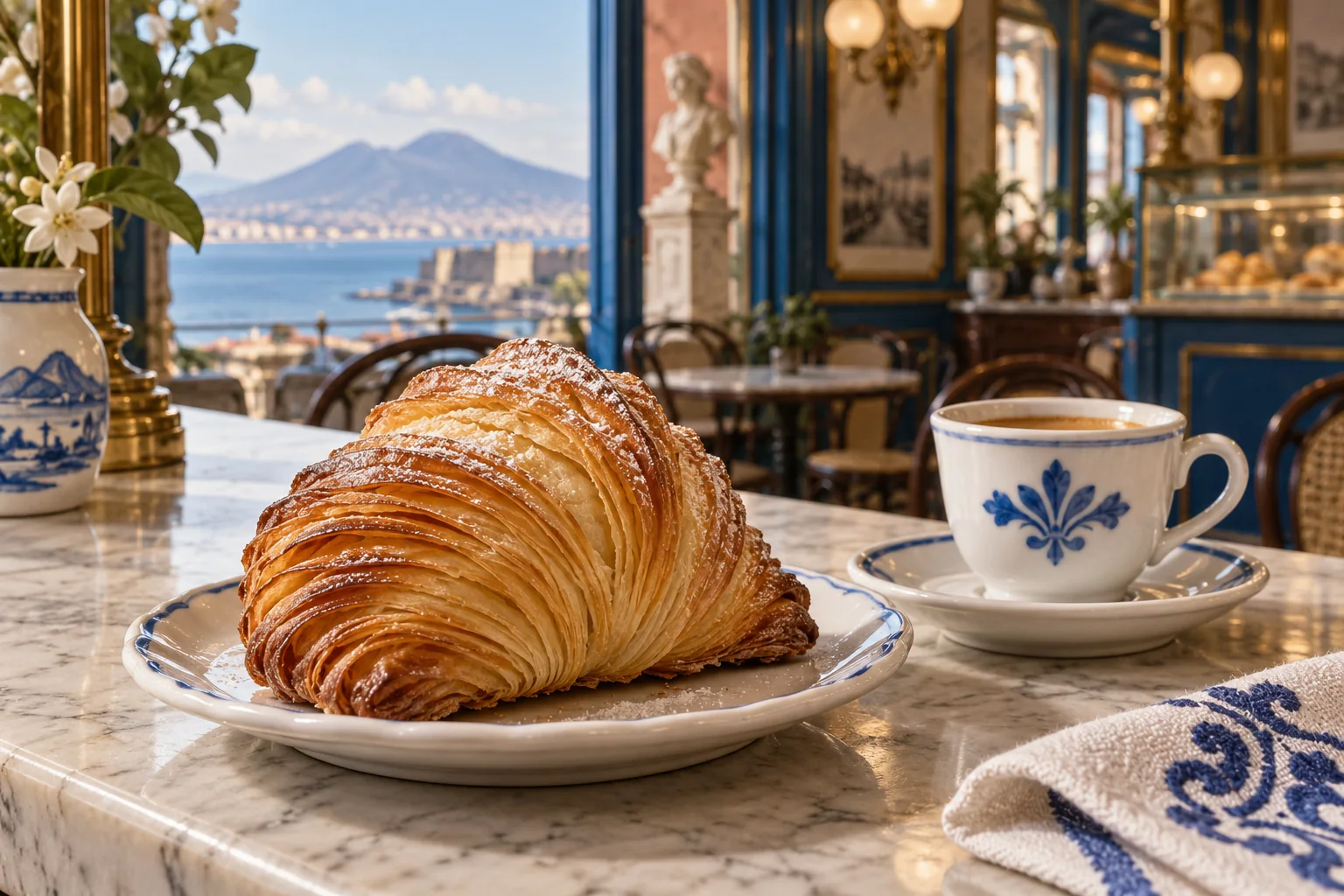 Illustration of a layered sfogliatella pastry and espresso on a marble cafe counter