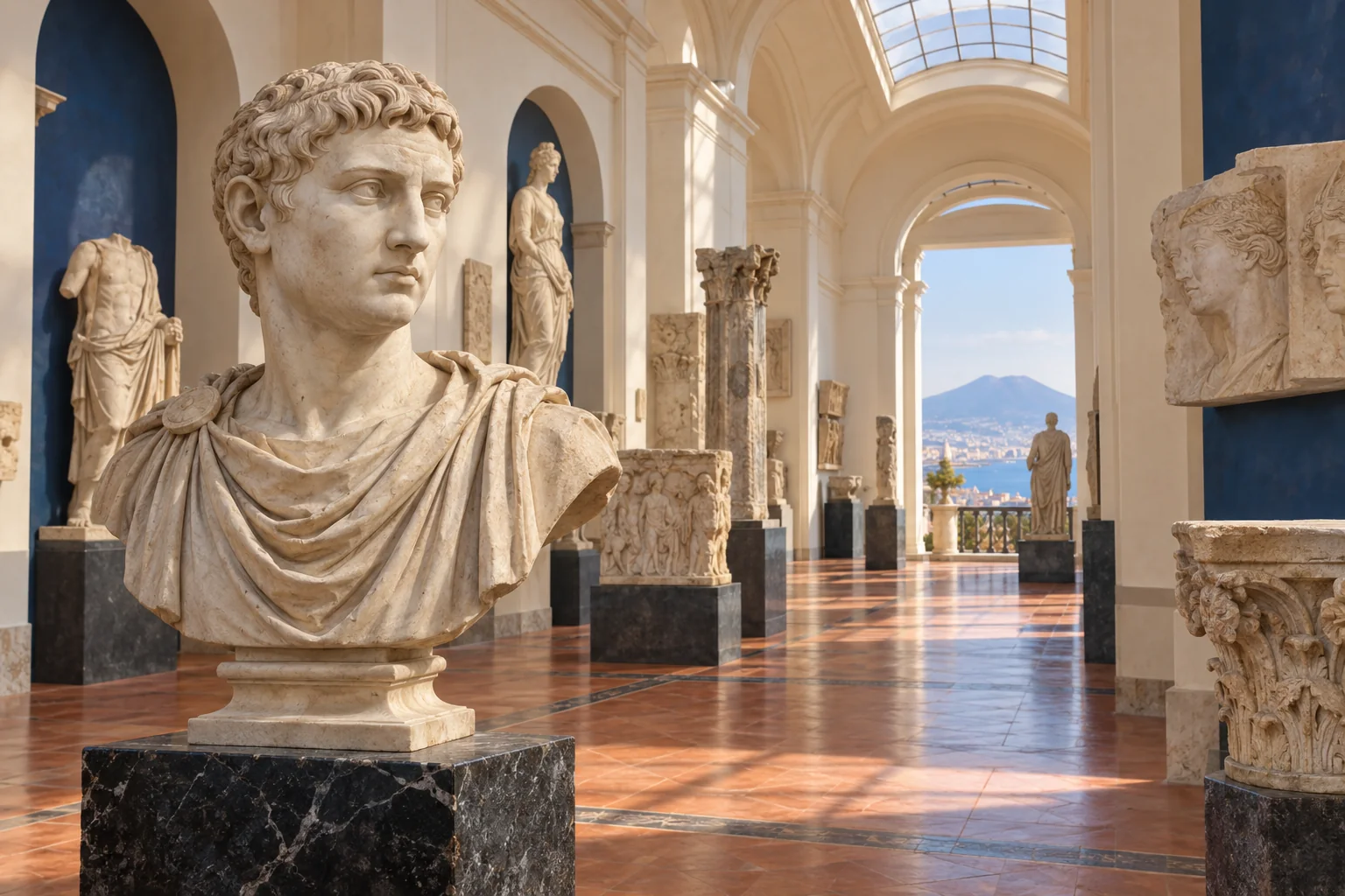 Illustration of a classical marble bust and sculpture gallery