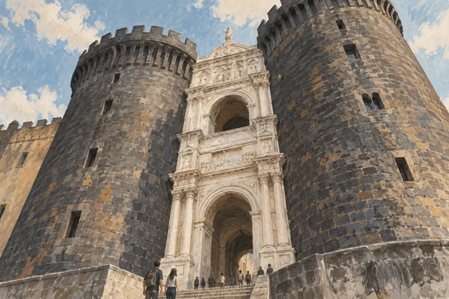 Interpretive editorial view of Castel Nuovo’s pale sculpted entrance between two dark round fortress towers.