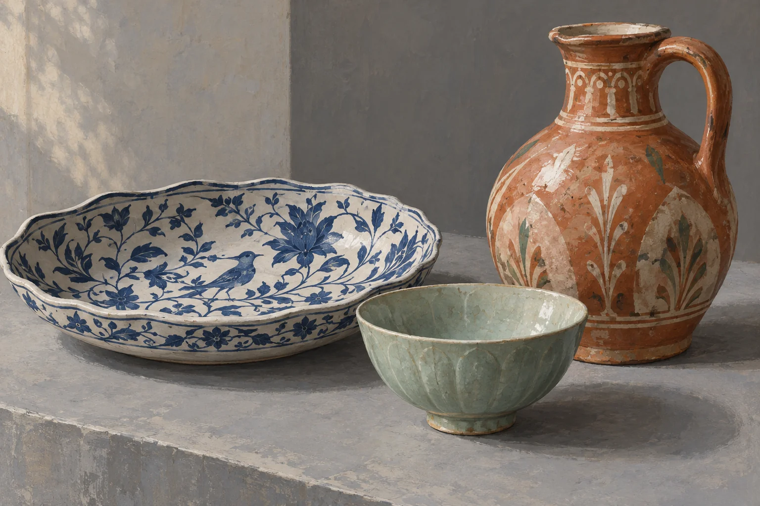 Editorial still life of an invented blue-and-white ceramic dish, pale celadon bowl and patterned terracotta-colored jug.