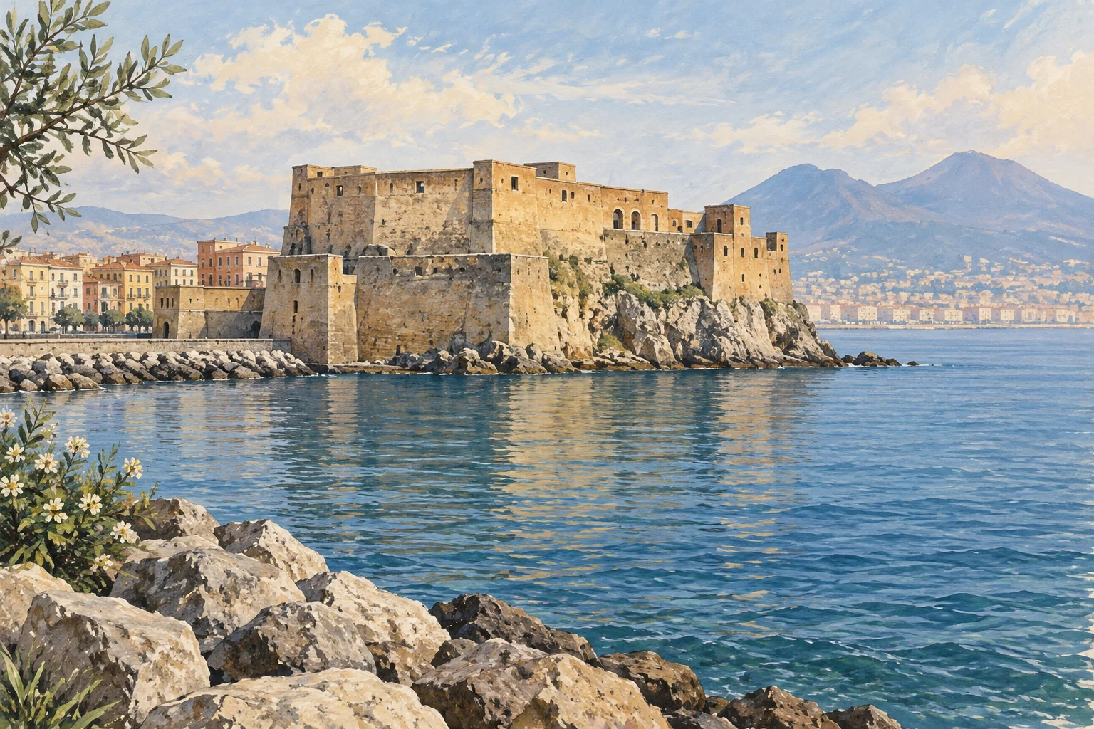 Interpretive editorial illustration of Castel dell’Ovo’s ochre waterfront walls above blue water, with a hazy Naples shoreline beyond.
