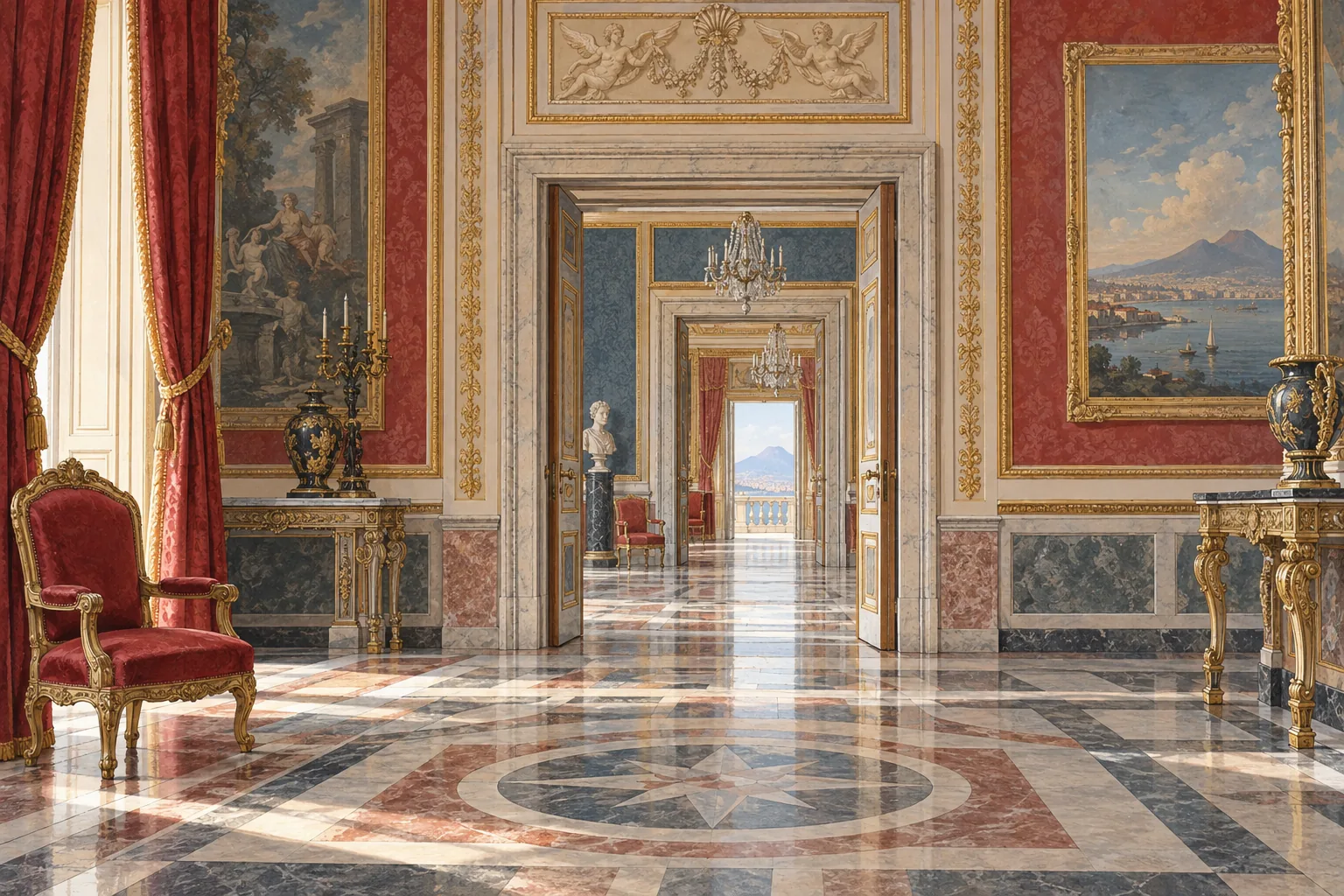 Interpretive illustration of ornate ceremonial rooms, repeated doorways and a red chair inspired by the Royal Palace of Naples.