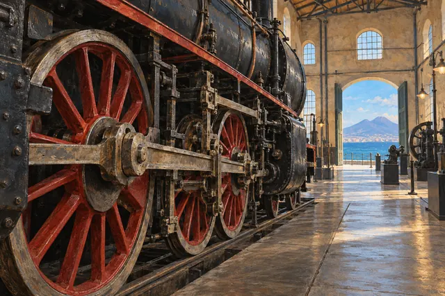 Editorial illustration of large red locomotive wheels and steel connecting rods inside a workshop with blue coastal light.