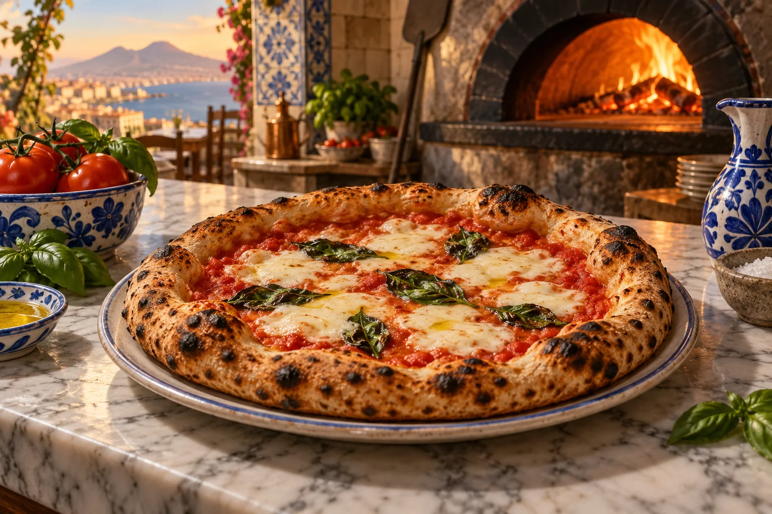 Illustration of margherita pizza beside a glowing oven and blue ceramic dishes