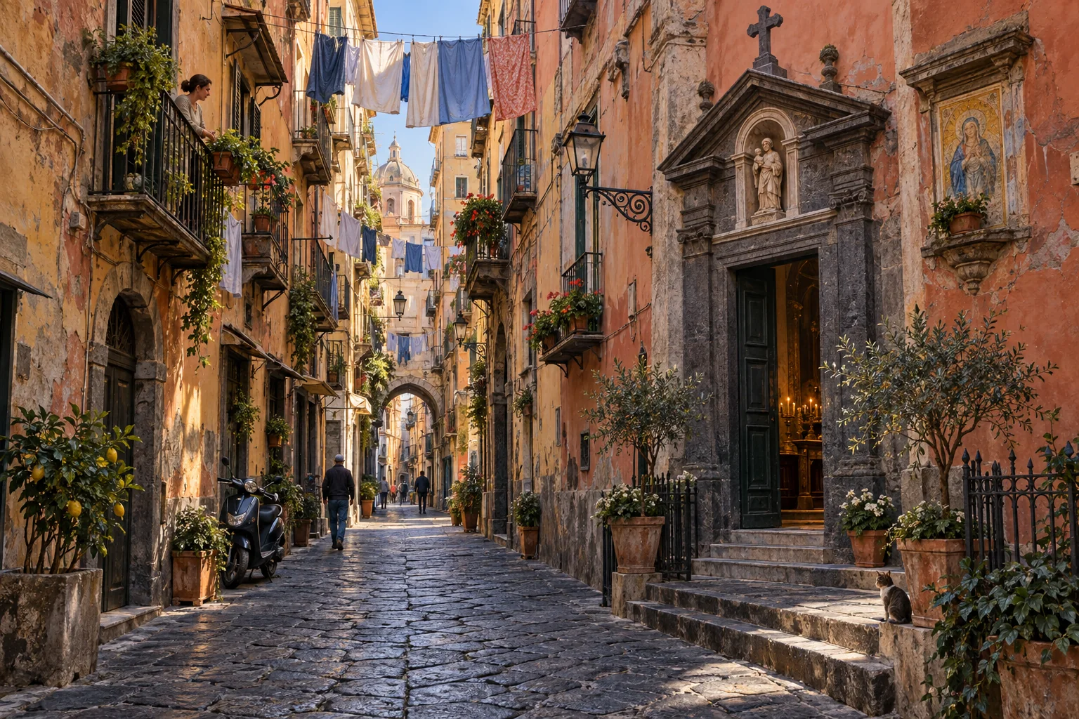 Illustration of a narrow Neapolitan lane with ochre facades, balconies and laundry overhead