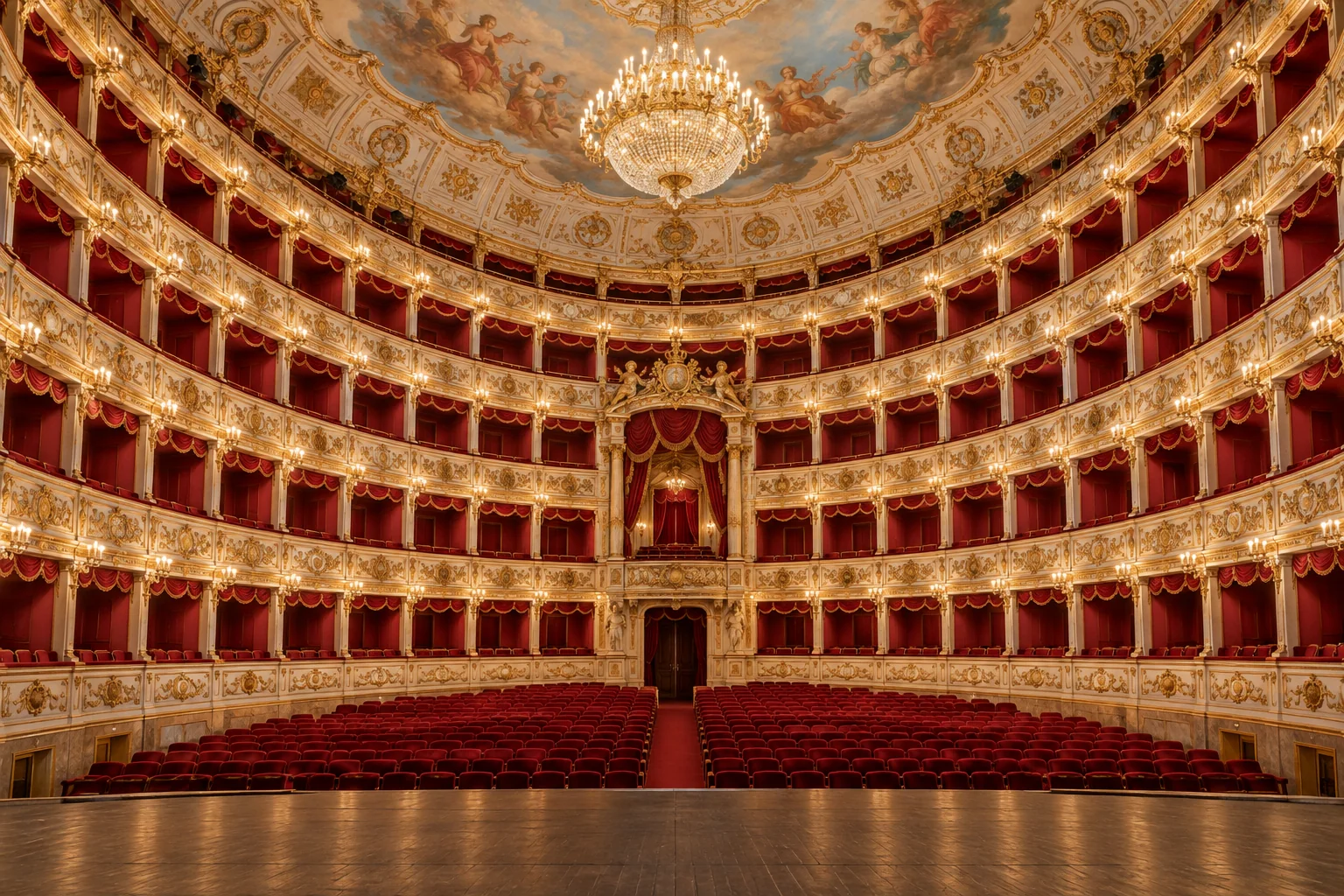 Illustration of an ornate theatre auditorium with red velvet seats and golden boxes