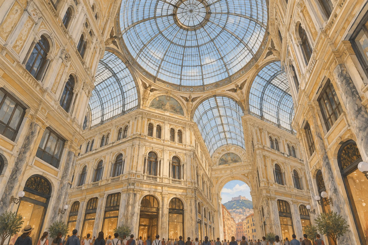 Interpretive editorial illustration looking upward at cream facades and intersecting iron-and-glass roof structures inspired by Naples’ Galleria Umberto I.