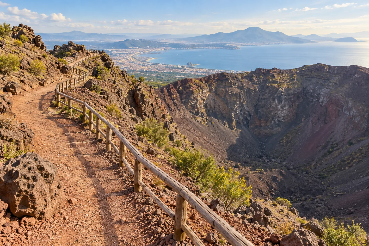 Illustration of a volcanic crater path above the Bay of Naples