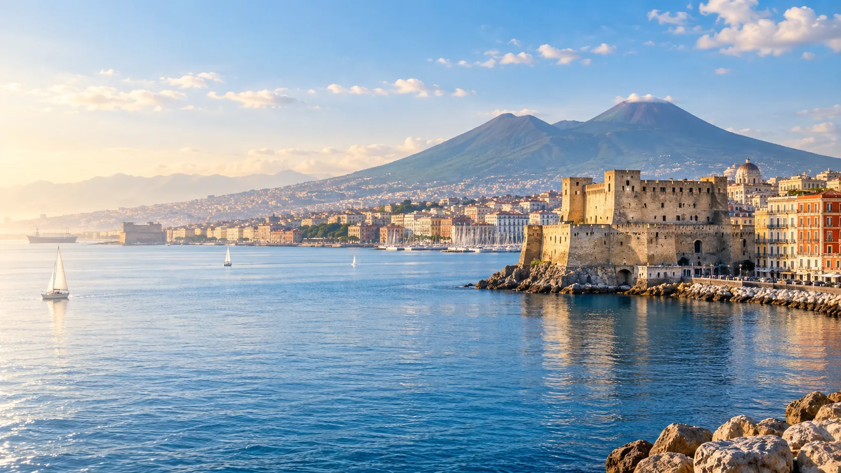Editorial illustration of Naples’s waterfront, Castel dell’Ovo and distant Vesuvius
