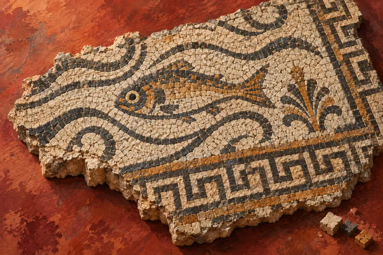 Editorial illustration of a Roman-inspired fish mosaic fragment with cream and dark stone tesserae on a terracotta surface.