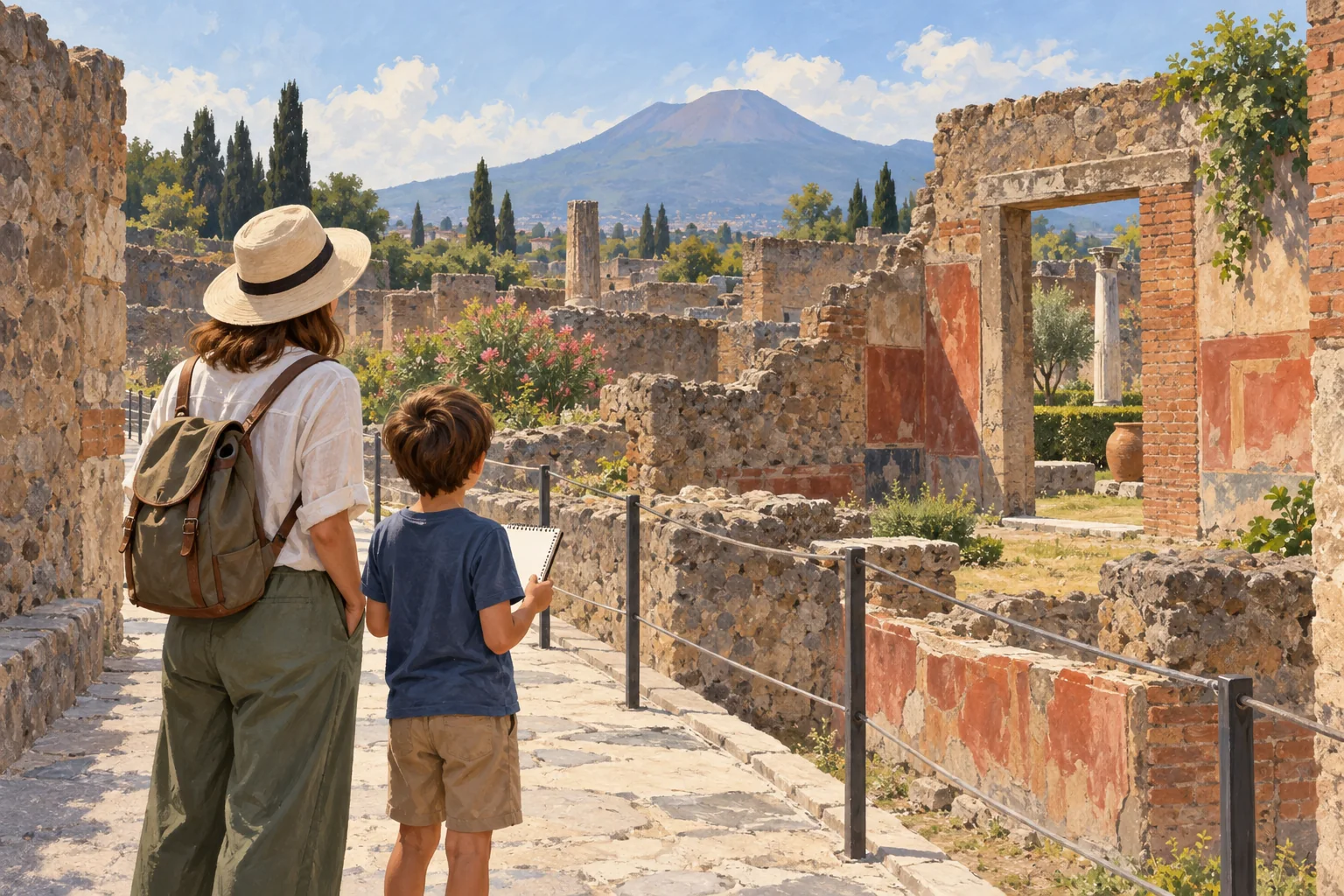 Editorial illustration of an adult and child with a sketchbook beside a roped Pompeii path, ancient walls and Vesuvius in the distance.