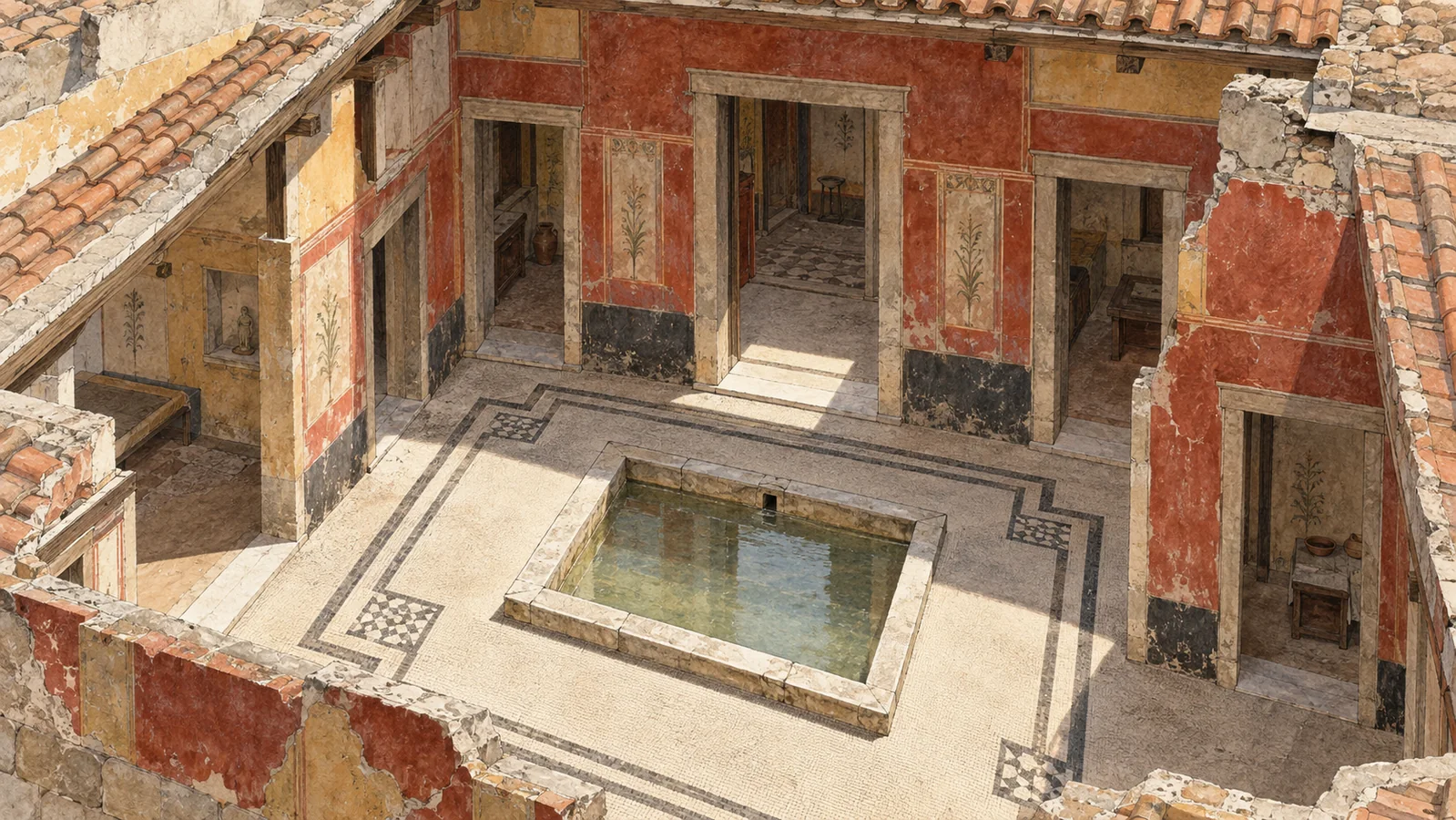 An ancient Roman atrium with a central rainwater basin, red plaster walls and adjoining doorways; interpretive Herculaneum illustration.