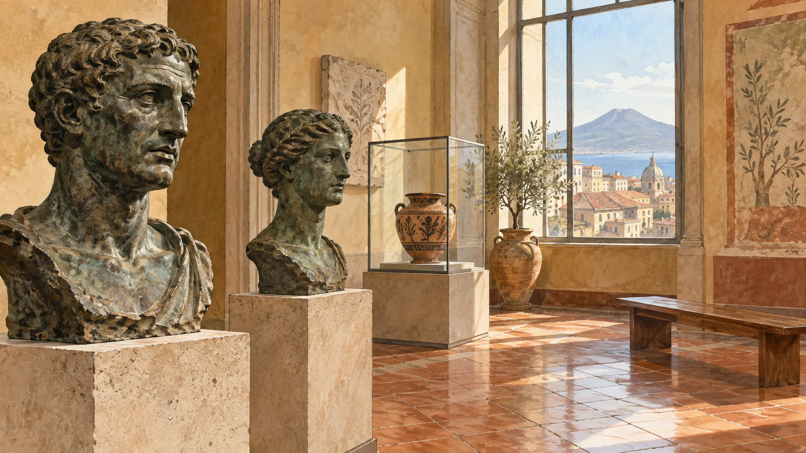 Bronze portrait busts, a decorated pottery vessel and an empty bench in a sunlit Naples museum gallery; interpretive editorial illustration.