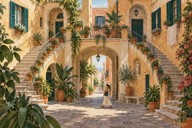 Gouache illustration of a Naples-inspired courtyard with sweeping stairways, green shutters and potted plants.