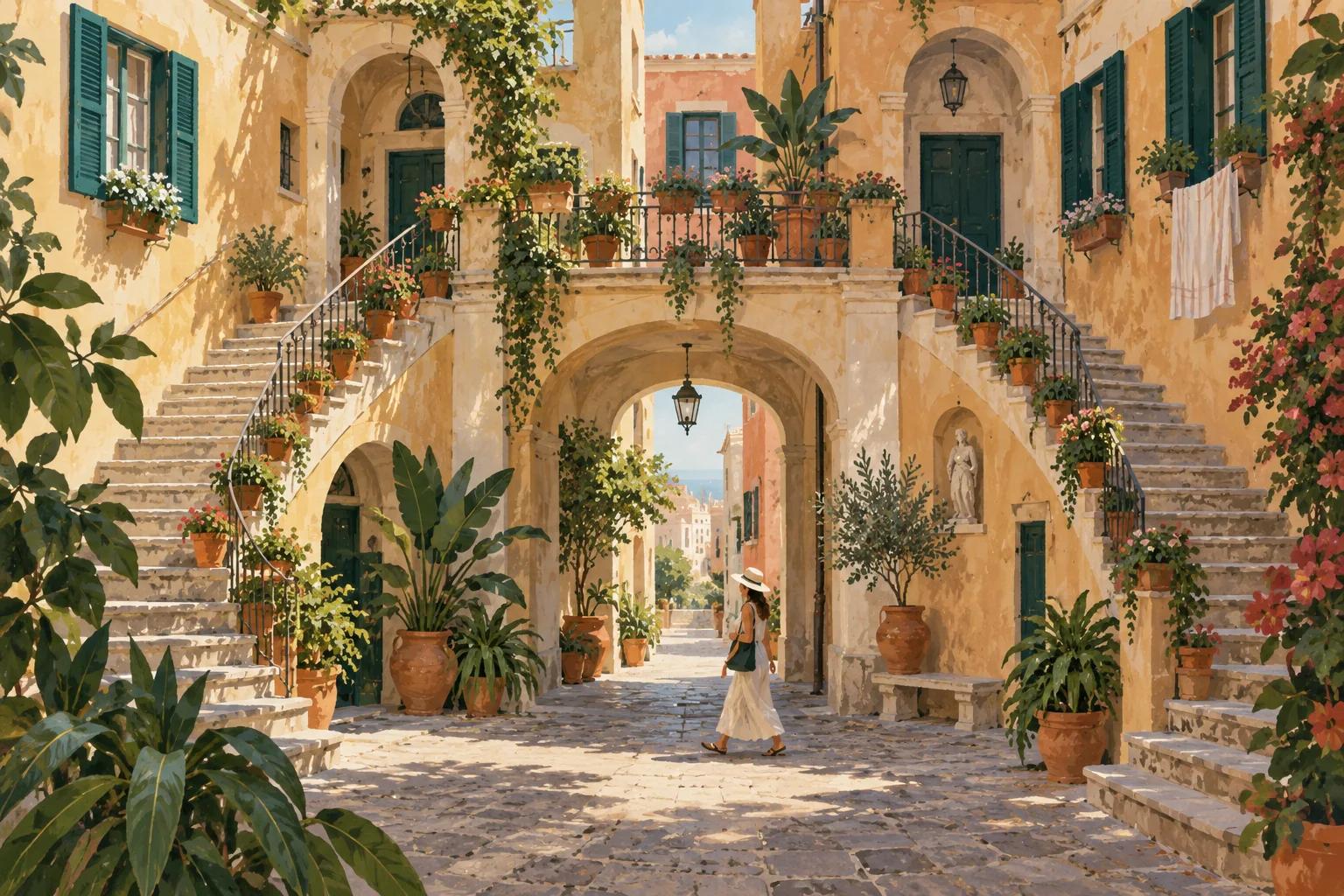 Gouache illustration of a Naples-inspired courtyard with sweeping stairways, green shutters and potted plants.